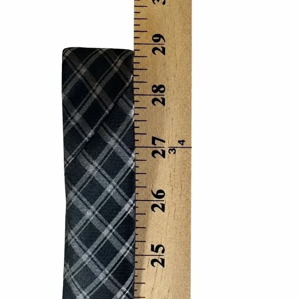 JF J Ferrar Mens Tie Black Silver Gray Plaid Check Grid Polyester Necktie